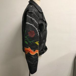 First VINTAGE RARE black leather hand painted motorcycle jacket 46 htf m l